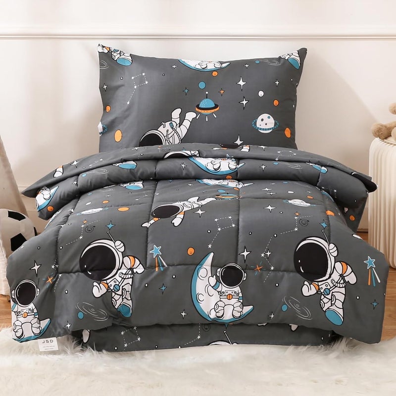 JSD Grey Astronaut Toddler Bedding Set, 4 Piece Space Theme Bed-in-a-Bag Comforter Sheet Set, Machine Washable - Image 1